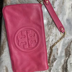Tory Burch clutch hot pink with gold chain